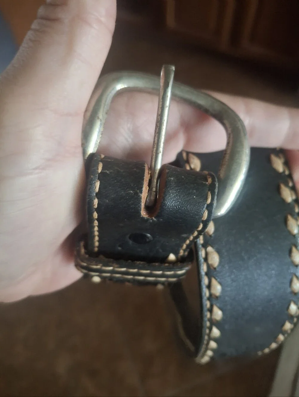 Black Tooled Leather Men's Belt with Contrast Stitching